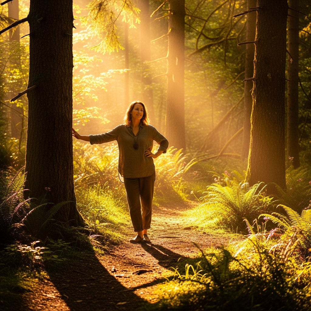 A woman standing peacefully at a sunlit forest crossroads, symbolising the life choices and new paths associated with angel number 2255