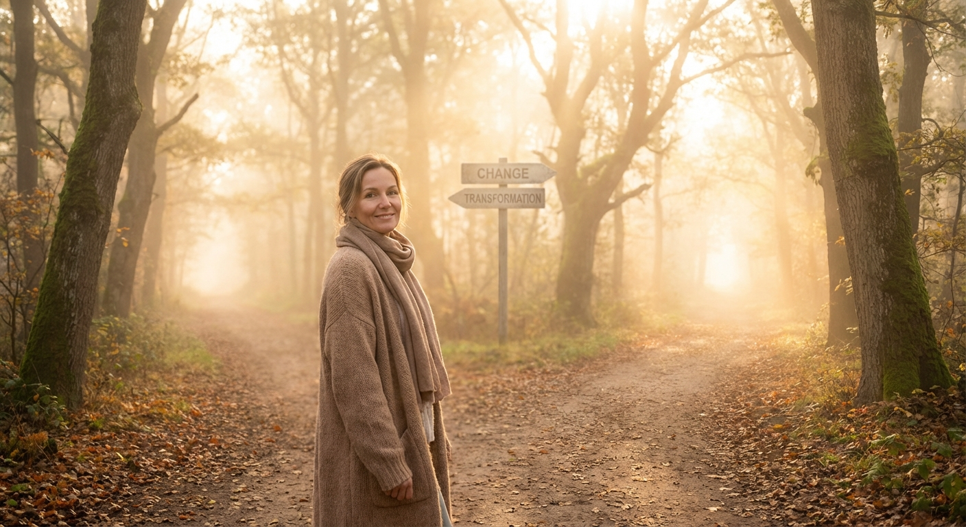 A serene path through a golden forest symbolizing the transformative journey of angel number 2552