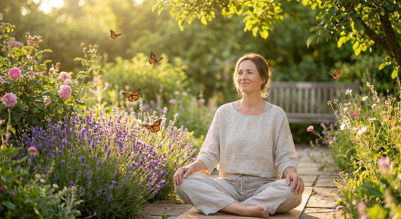 Woman meditating peacefully in a garden at sunrise, embodying the creative and spiritual energy of angel number 3030