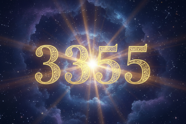 Angel number 3355 in golden glowing typography on cosmic background