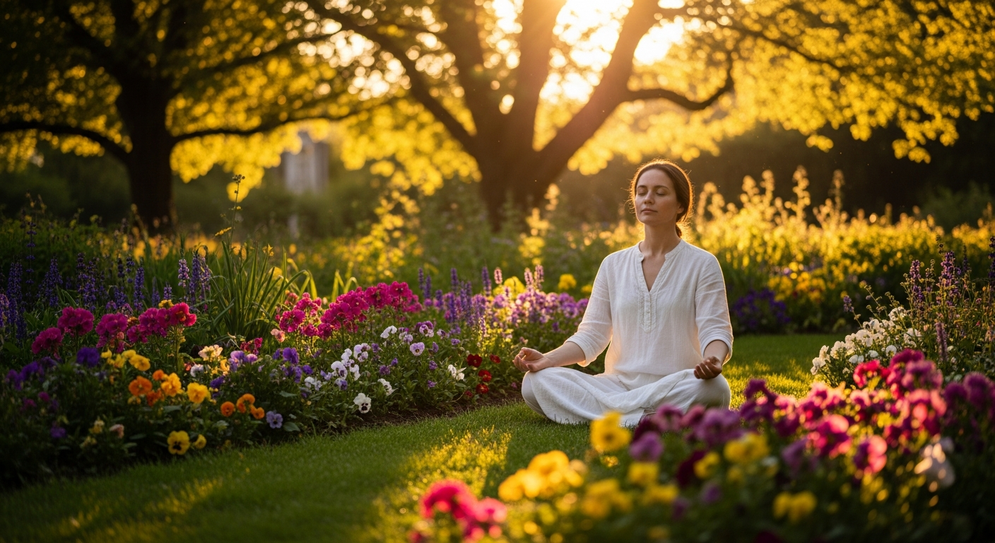 Peaceful meditation in a sunlit garden - connecting with the spiritual energy of angel number 3443