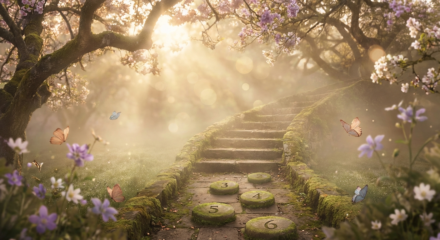 A serene spiritual path with ascending steps through a misty garden at sunrise, representing the progressive energy of angel number 3456