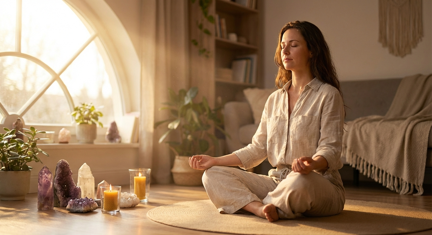 Woman meditating in a peaceful spiritual setting with warm golden light, representing the spiritual balance and inner harmony of angel number 3636