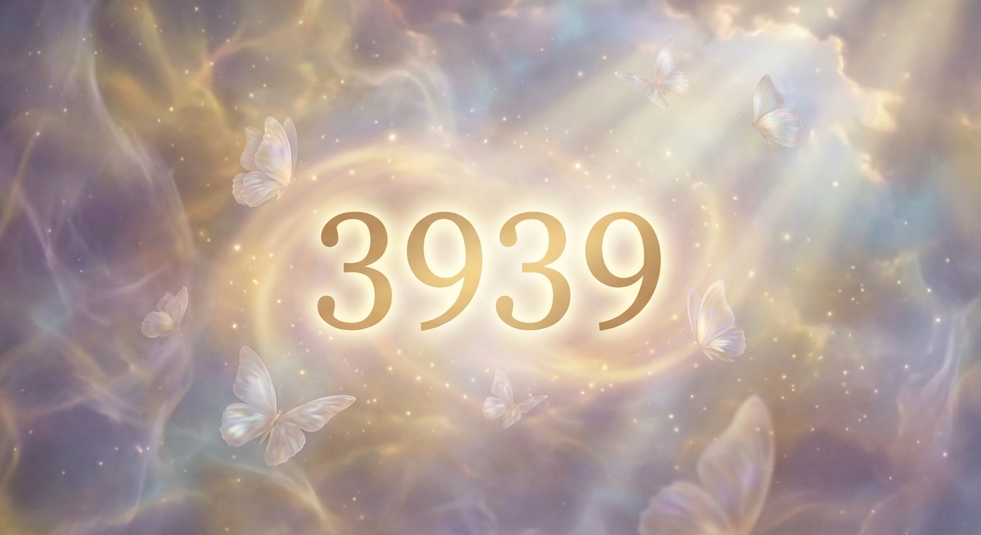Angel number 3939 glowing in ethereal golden light with butterflies symbolizing transformation and new beginnings