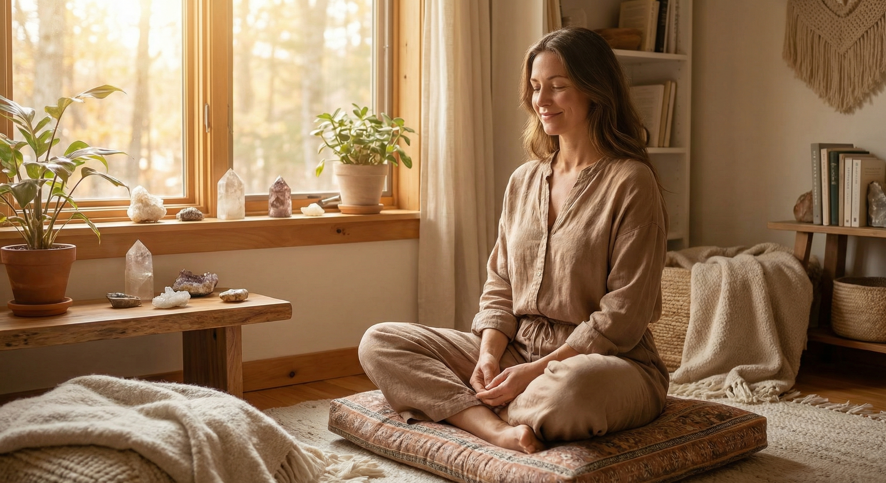 Woman meditating peacefully with warm golden light, representing the grounded spiritual energy of angel number 4040