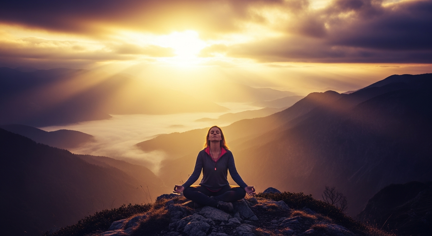 Woman meditating peacefully at sunrise on a mountaintop with golden light streaming through clouds