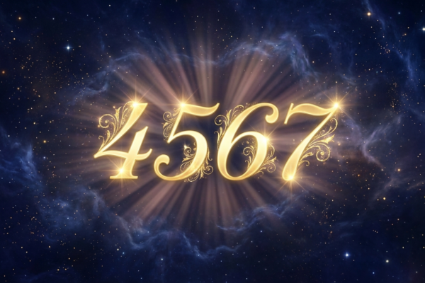 Angel number 4567 glowing in golden ornate typography against a cosmic purple and navy background with stars and divine light rays