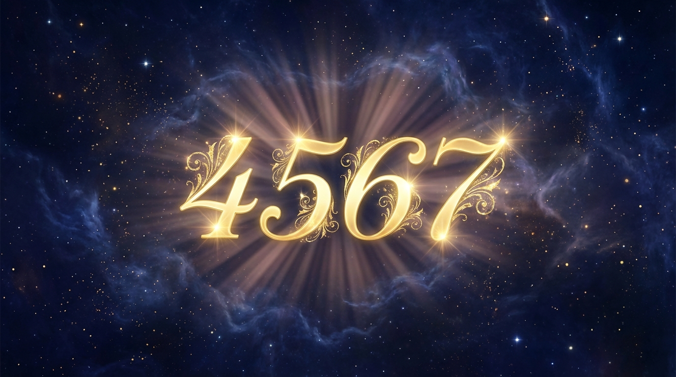 Angel number 4567 glowing in golden ornate typography against a cosmic purple and navy background with stars and divine light rays
