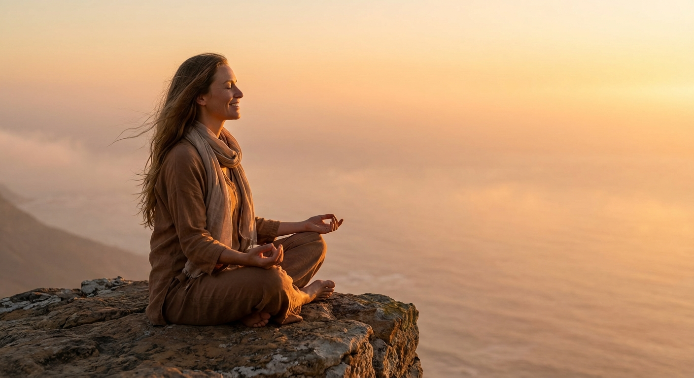 Woman meditating peacefully on a cliff overlooking the ocean at golden hour, representing spiritual growth and inner peace