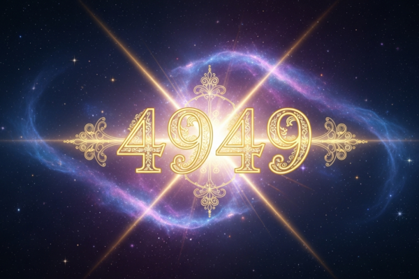 Angel number 4949 displayed in golden glowing typography on a cosmic background