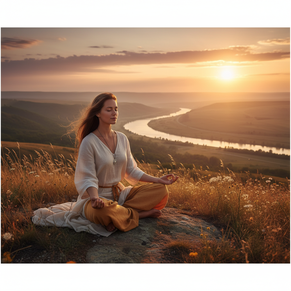 Woman meditating peacefully at sunset, representing the spiritual transformation of angel number 4949