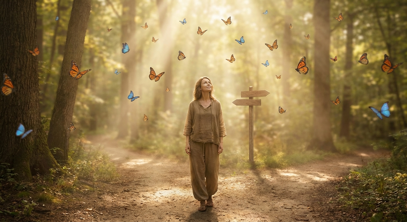 A woman standing at a sunlit forest crossroads representing the spiritual transformation of angel number 5151