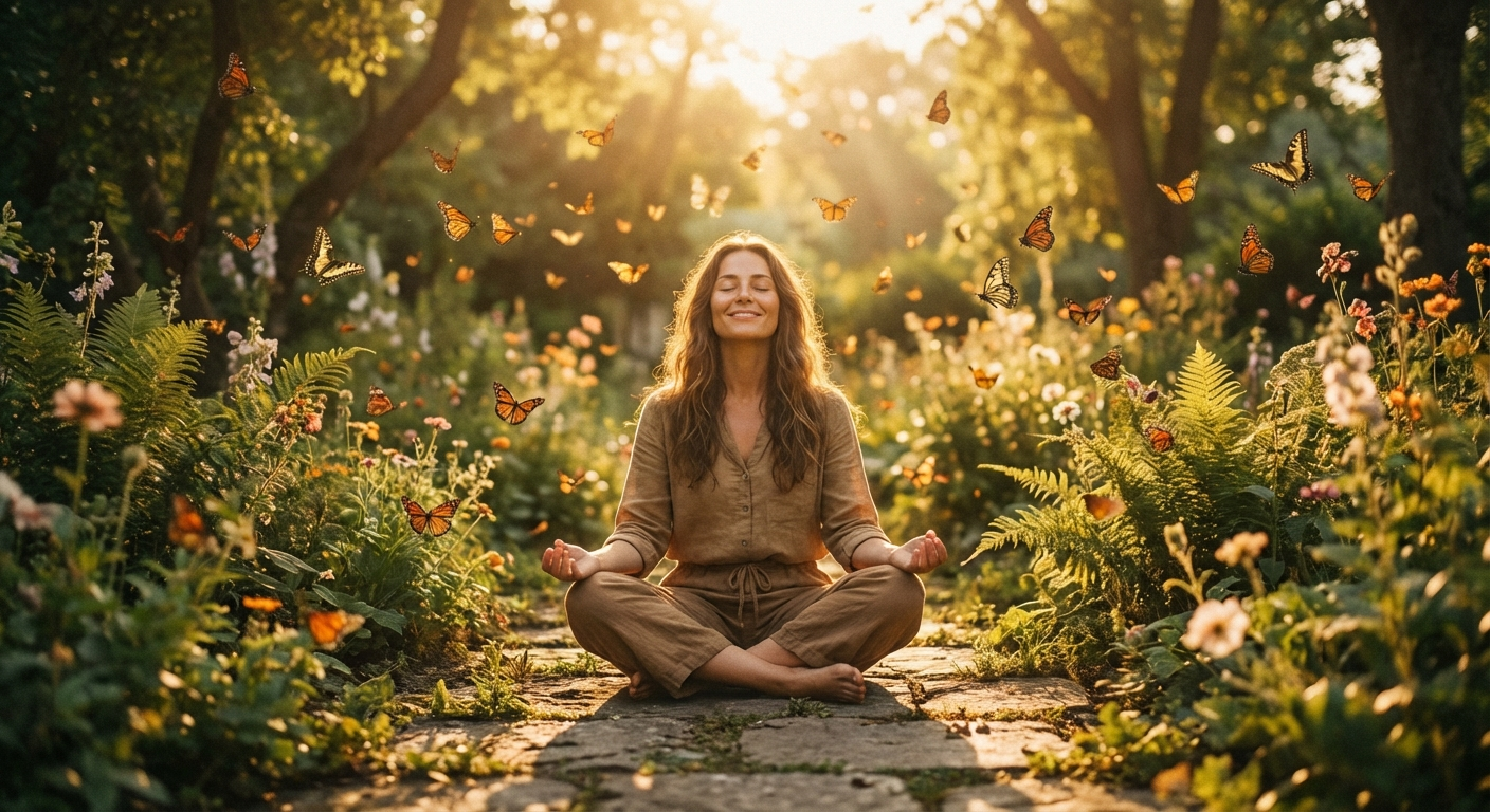 Woman meditating peacefully in a garden at golden hour, representing the spiritual transformation of angel number 5353