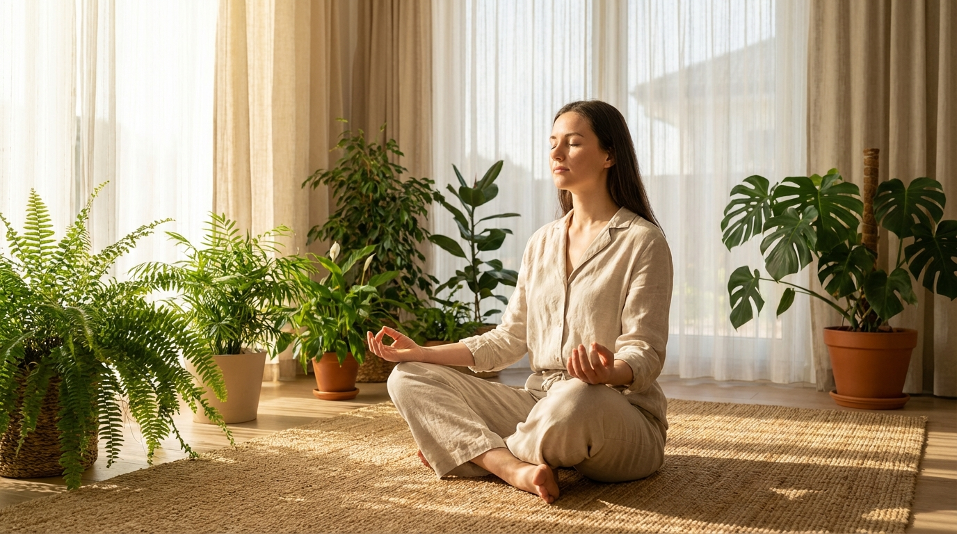 Woman meditating peacefully in sunlit room with plants, representing the balanced spiritual energy of angel number 5656