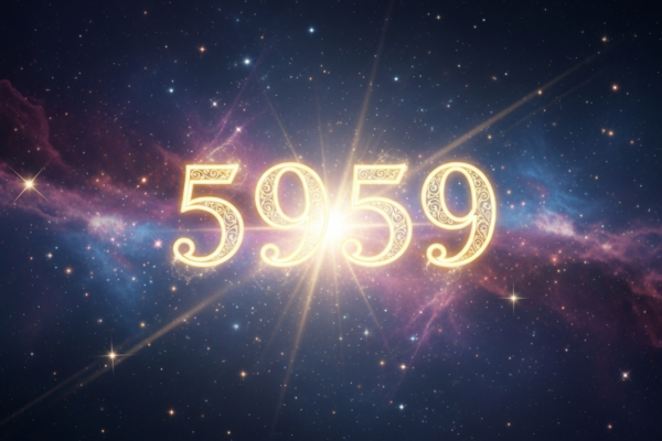 Angel number 5959 displayed in ornate golden glowing typography against a deep cosmic background with purple nebula and golden light rays