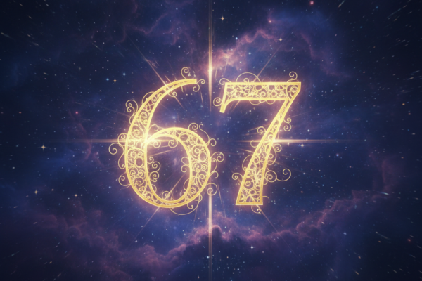 Angel number 67 in golden glowing typography on cosmic purple nebula background