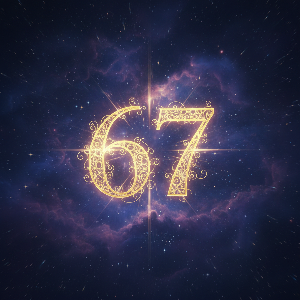 Angel number 67 in golden glowing typography on cosmic purple nebula background