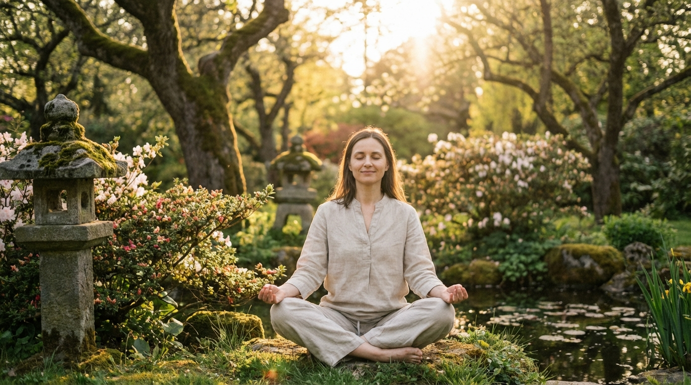 A woman meditating peacefully in a sunlit garden, embodying the spiritual balance of angel number 6767
