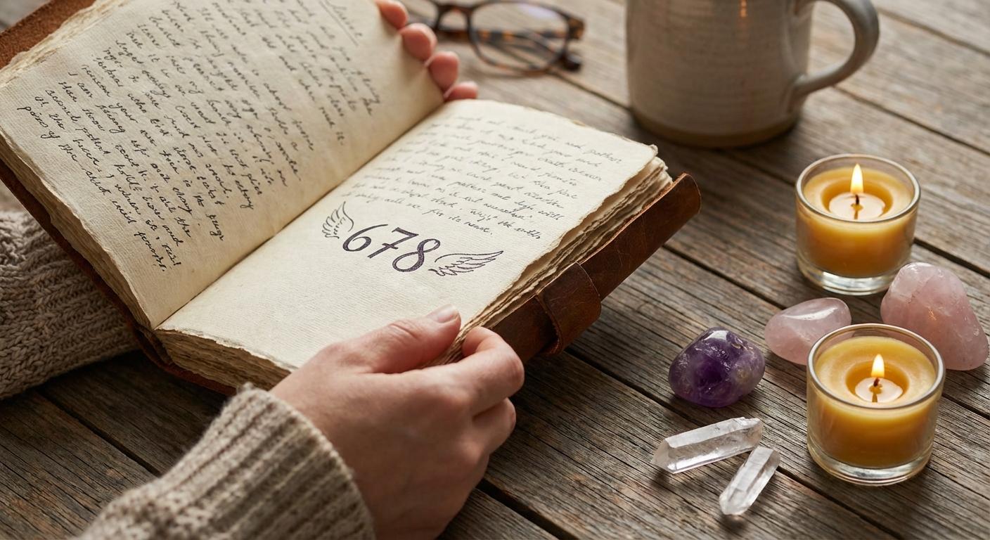 A spiritual journal with angel number 678, surrounded by crystals and candles