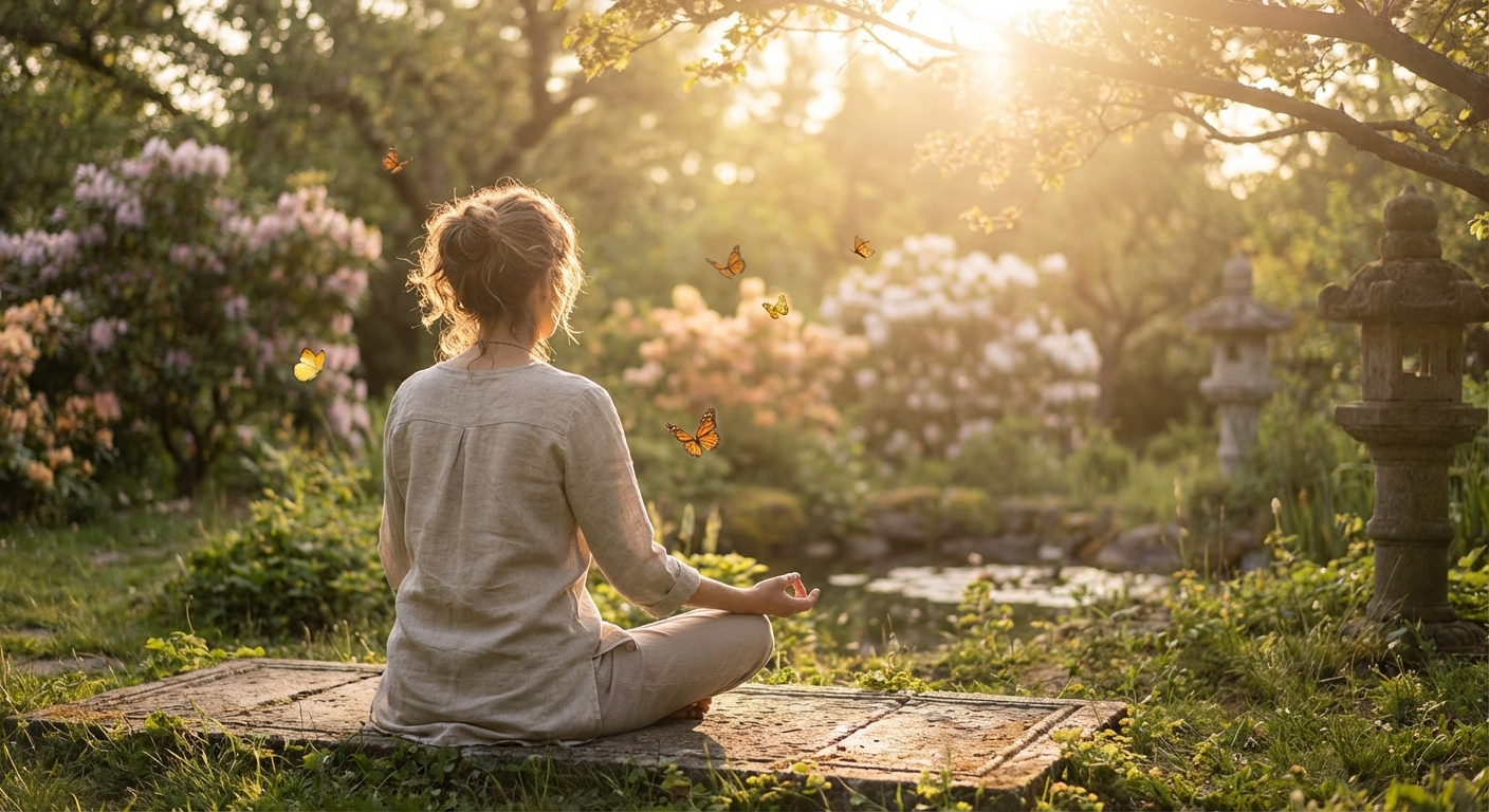 Woman meditating peacefully in a garden at golden hour, representing the spiritual awakening energy of angel number 7070