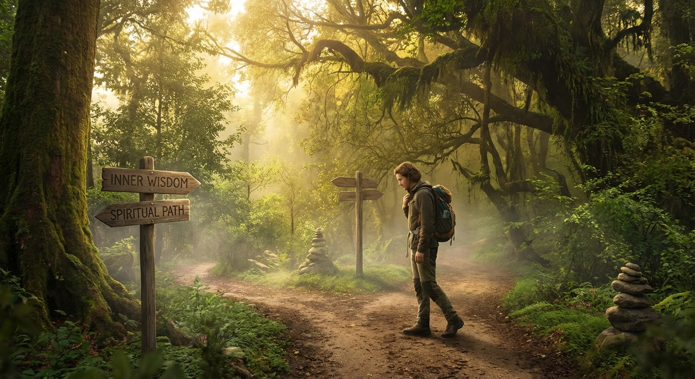 Person standing at a crossroads in a sunlit forest, representing the spiritual journey and inner wisdom of angel number 717