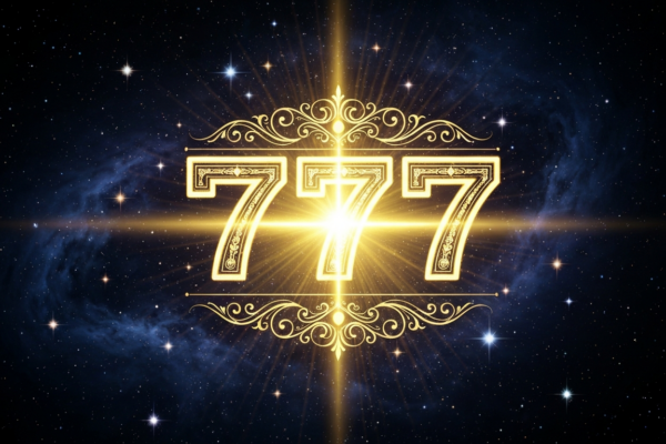 Angel number 777 in ornate golden typography against cosmic nebula background