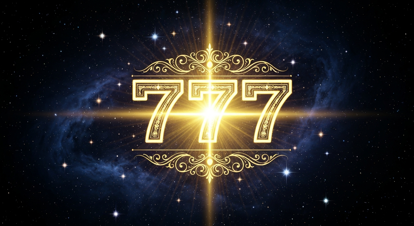 Angel number 777 in ornate golden typography against cosmic nebula background