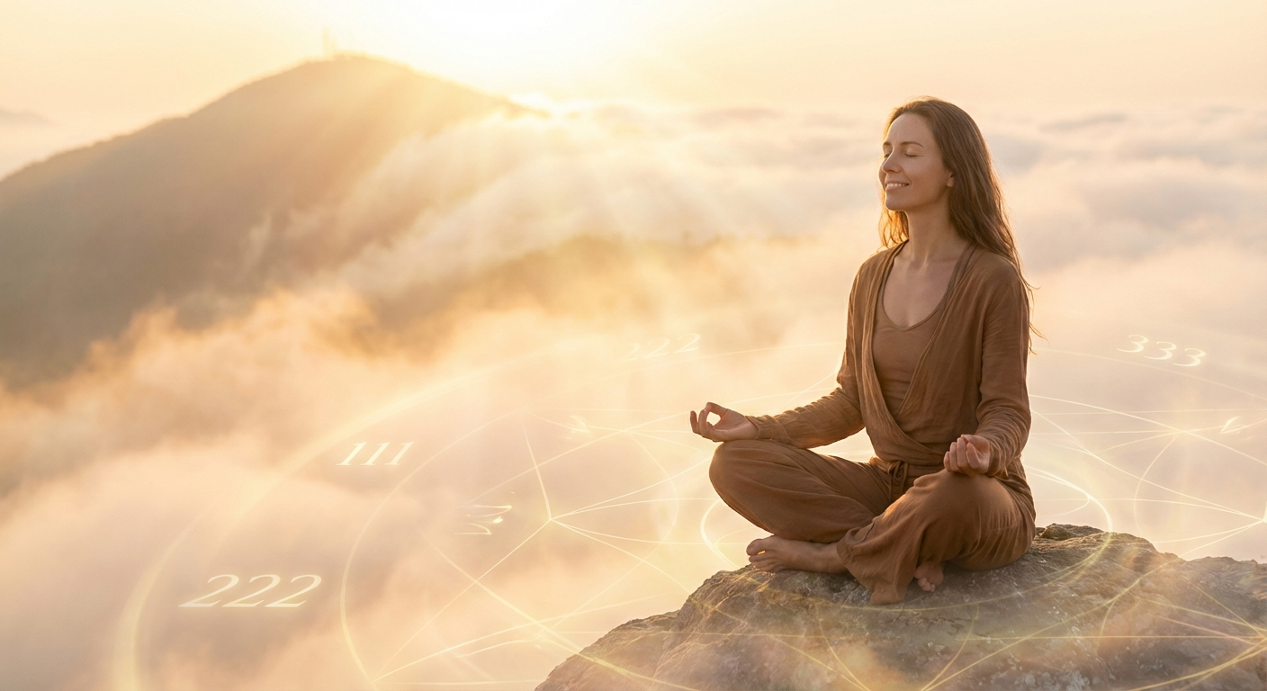 Woman meditating at sunrise representing the spiritual abundance of angel number 7878