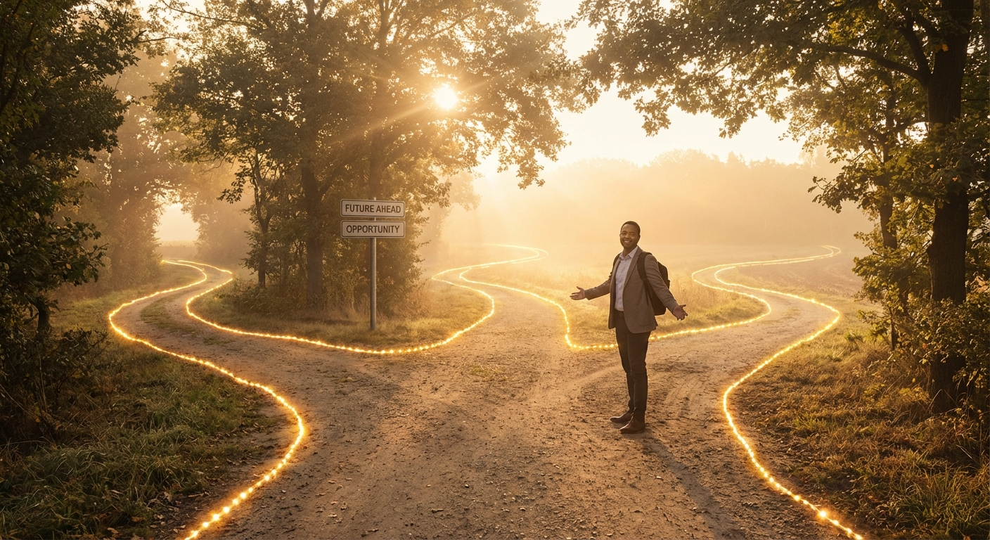 Person standing at a crossroads with illuminated paths ahead symbolizing new beginnings and abundance