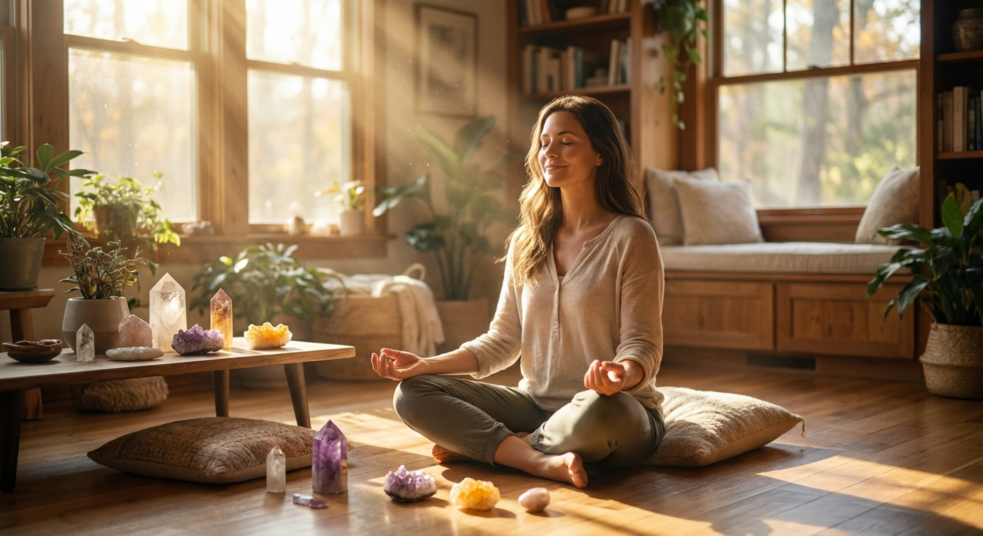 Woman meditating peacefully in sunlit room with crystals, representing the spiritual wisdom of angel number 8787