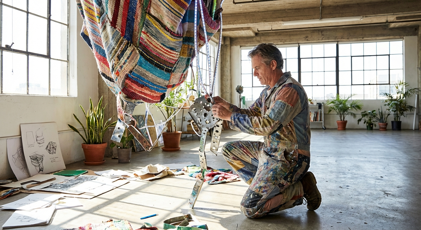 A creative individual working on an art installation in a bright studio, representing Aquarius innovative and unconventional spirit