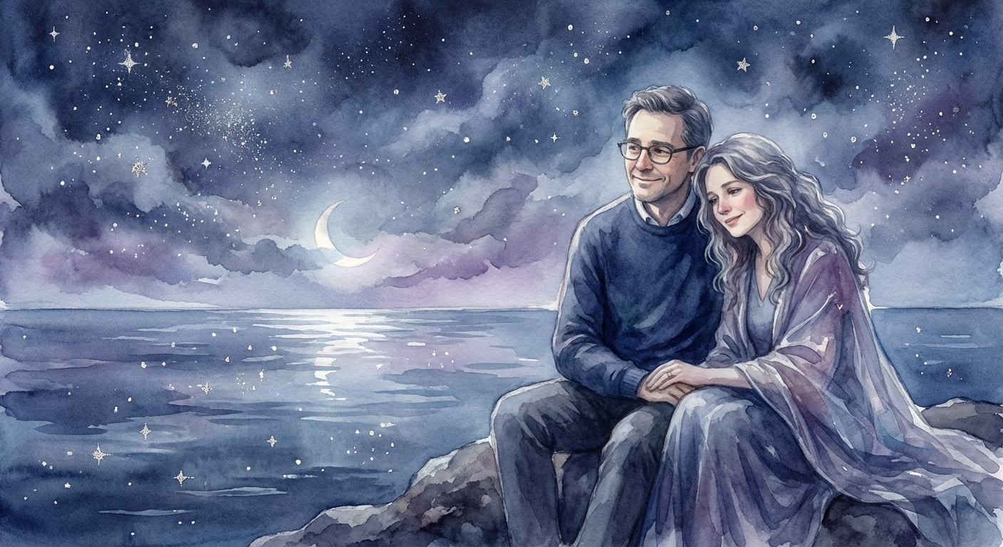 Aquarius man and Pisces woman together under a starry night sky by the ocean