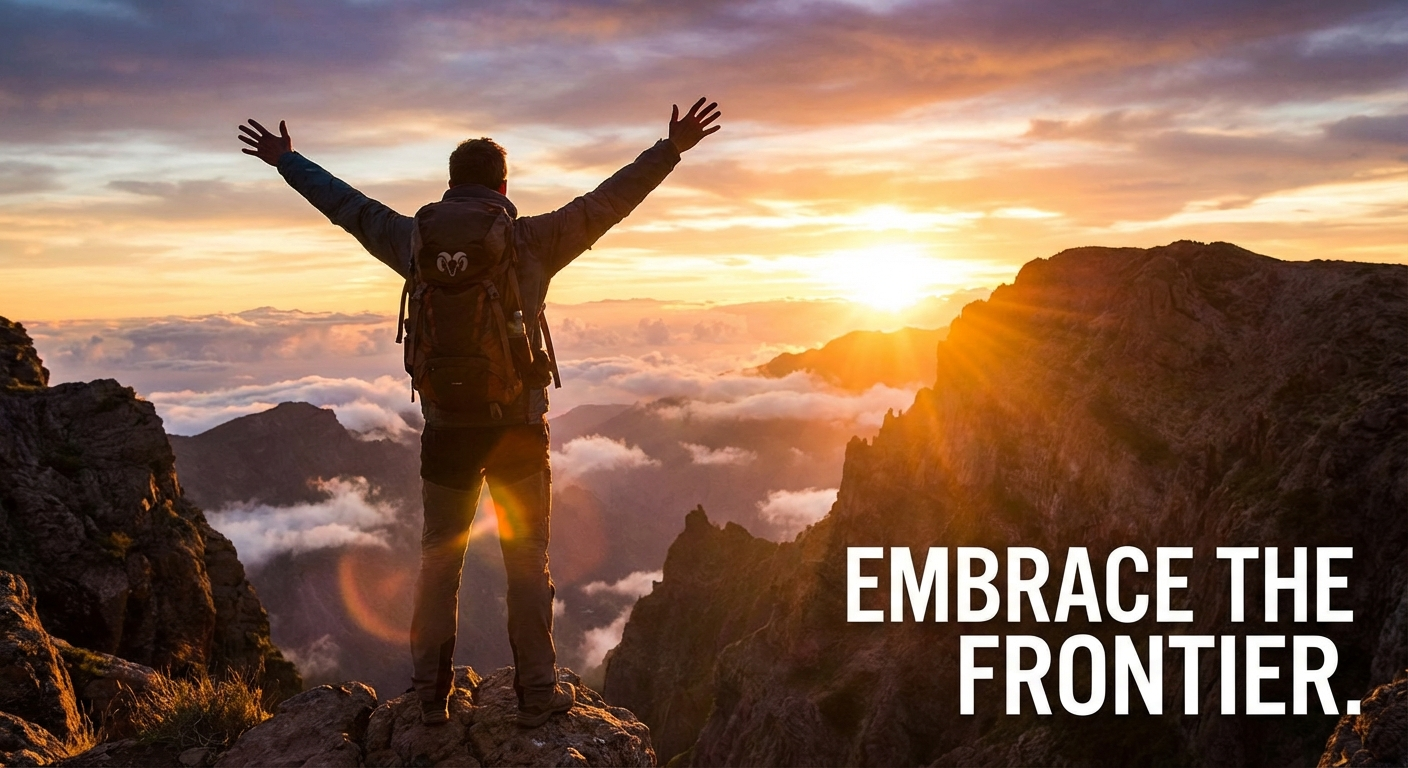 A bold figure standing at a mountain summit at sunrise representing the pioneering spirit of Aries