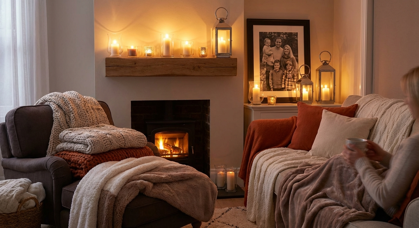 A warm cozy living room with candlelight representing Cancer love of home and emotional security