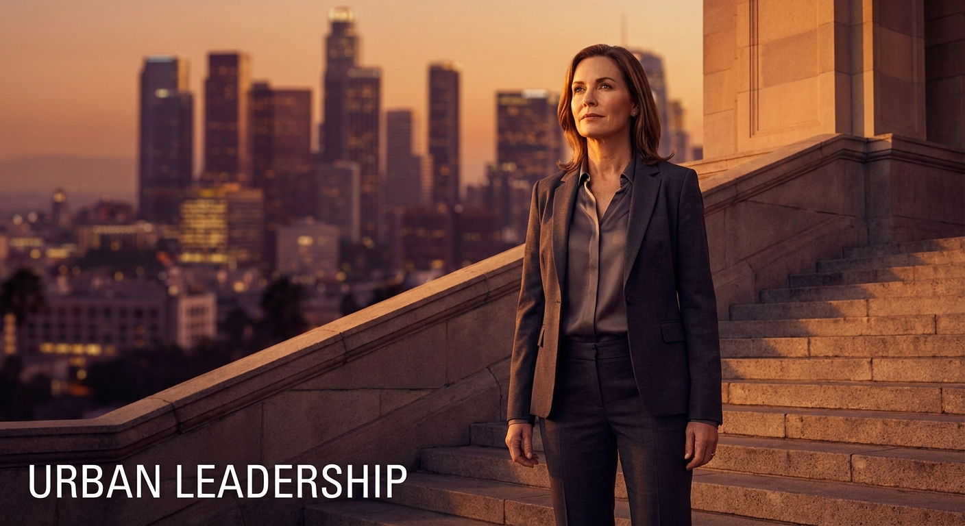 A confident professional woman overlooking a city skyline, representing Capricorn ambition and determination