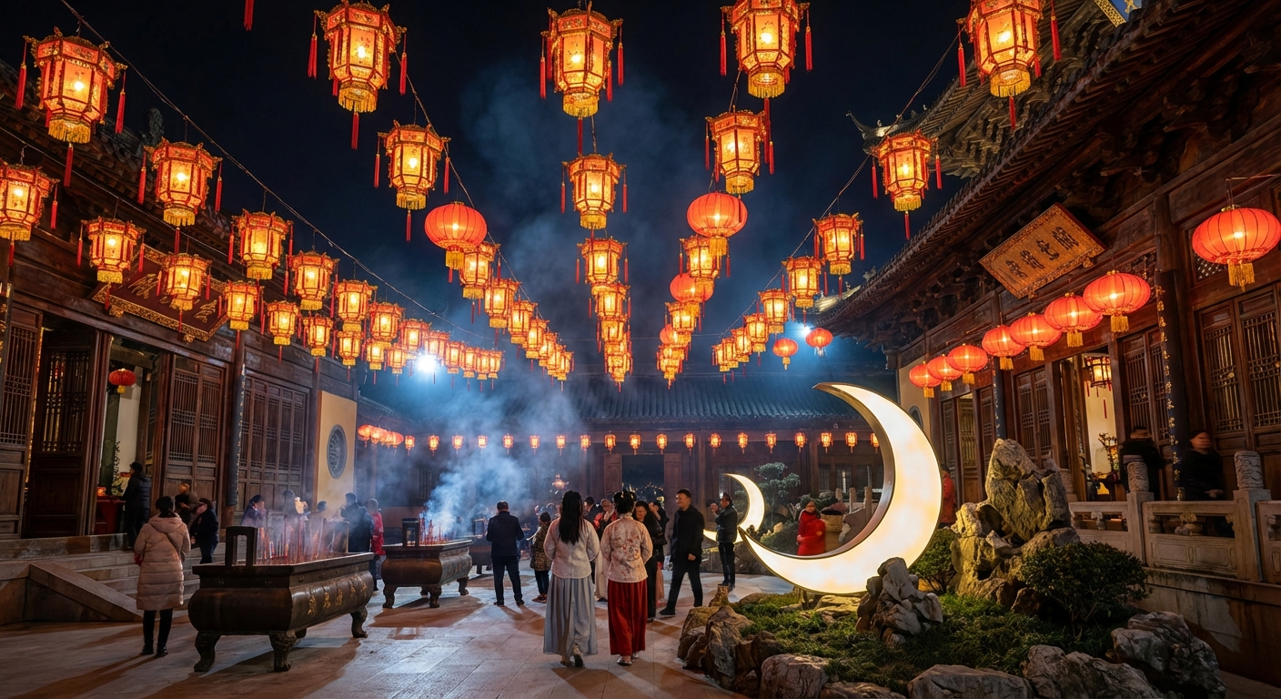 Red and gold Chinese lanterns hanging over a serene temple courtyard at night