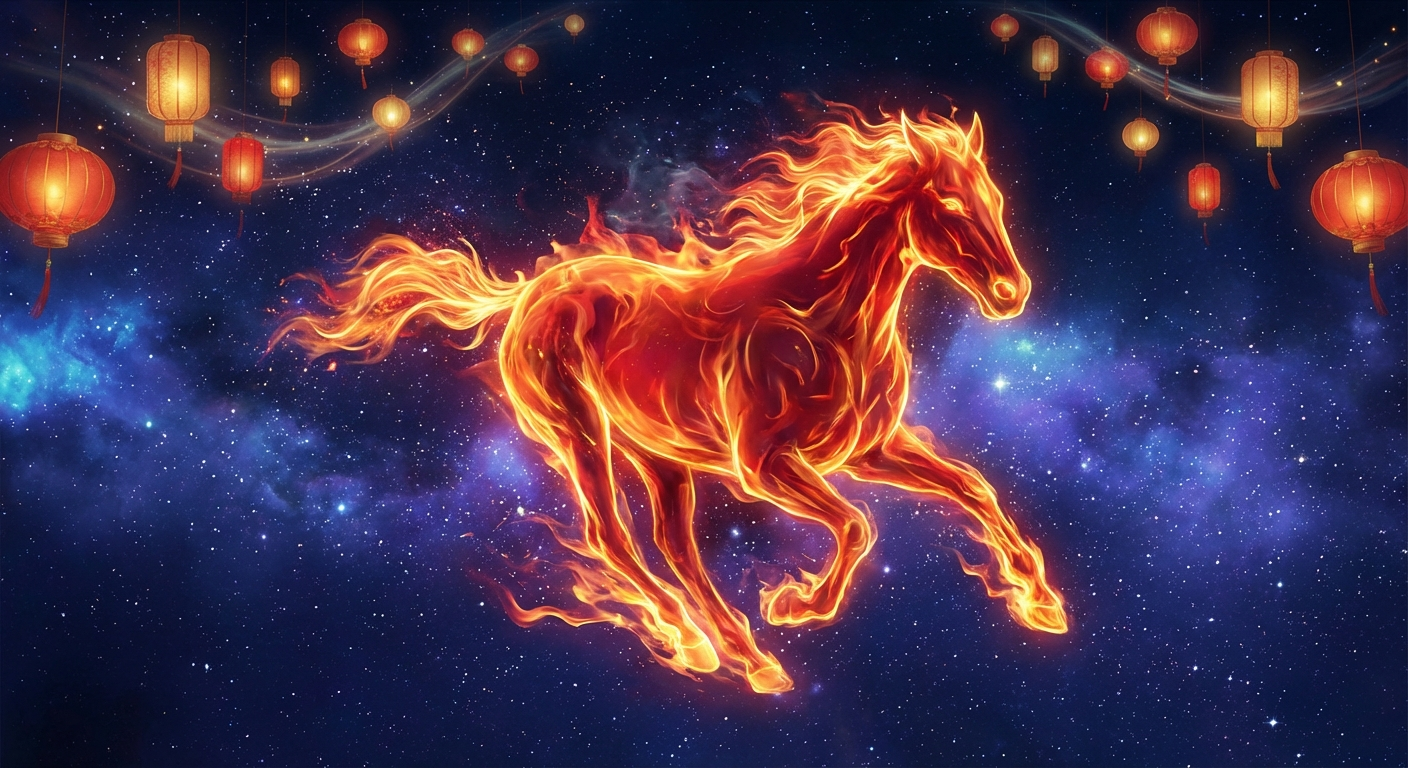 Mystical fire horse galloping through a cosmic starfield with Chinese New Year lanterns