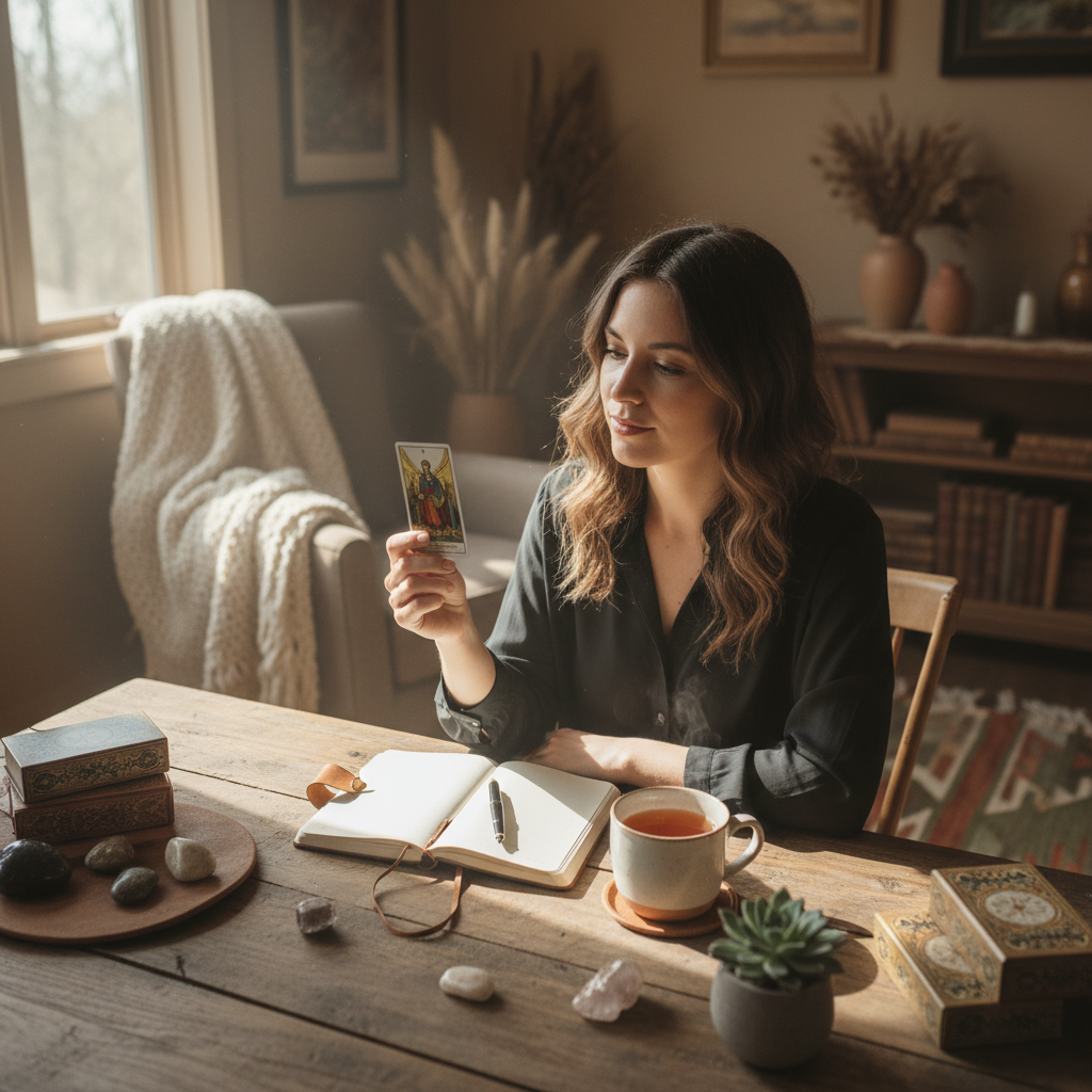 A peaceful morning tarot card reading ritual with journal and tea