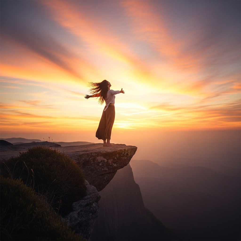 Woman standing on a cliff edge at sunset with arms outstretched, symbolising the freedom and transcendence experienced in flying dreams