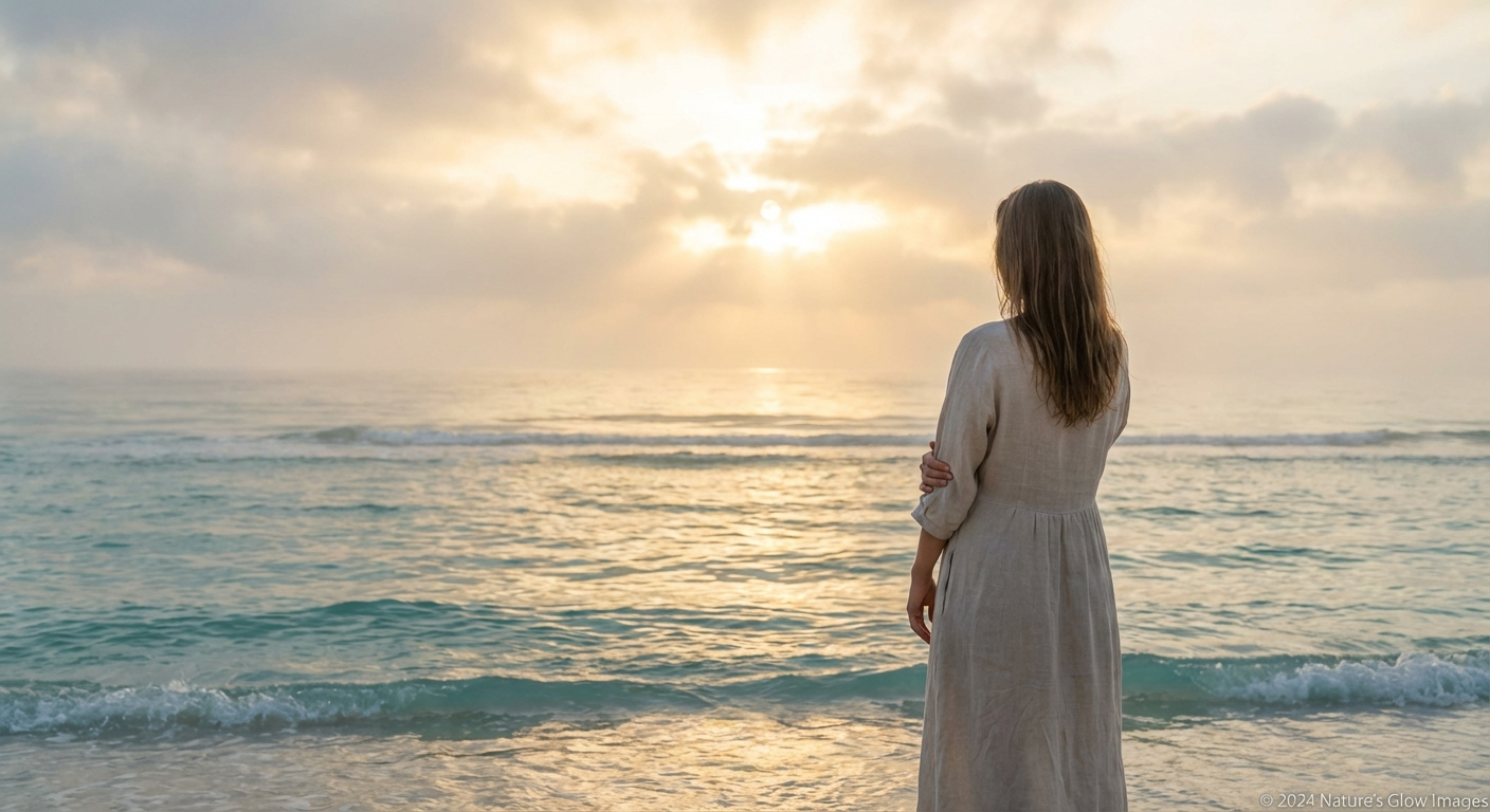 A contemplative figure standing at the edge of a peaceful ocean at sunrise, representing the spiritual meaning of water dreams