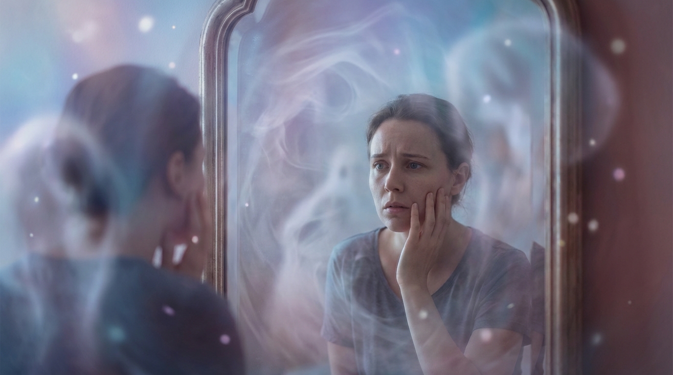 Woman looking in mirror reflecting on self-image and confidence during spiritual transition