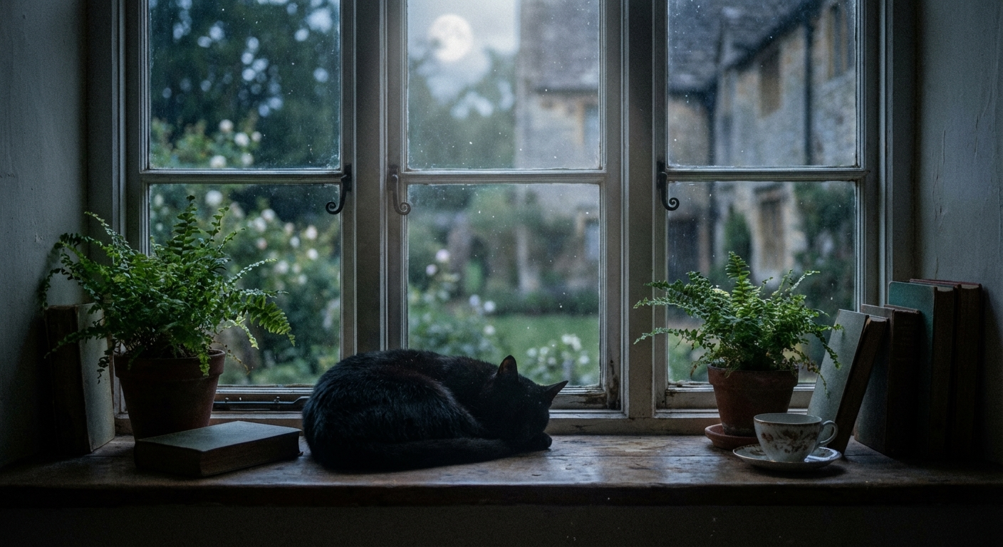 Black cat sitting on windowsill in moonlight