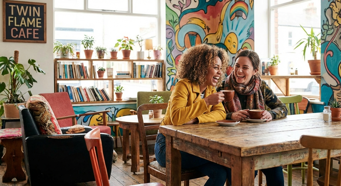 Friends laughing together at a vibrant cafe representing Gemini social and dual nature