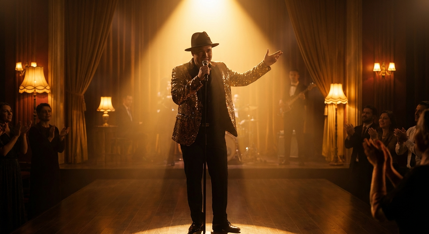 A confident performer on a beautifully lit stage representing Leo love of the spotlight