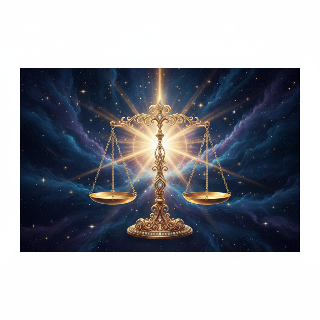 Libra zodiac sign cosmic golden scales of justice with deep space background