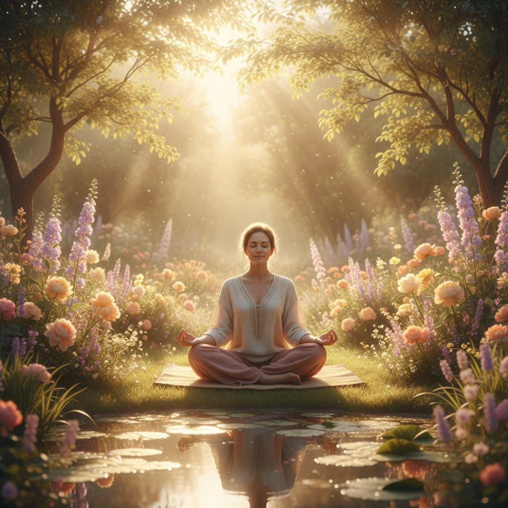 Woman meditating peacefully in a sunlit garden at dawn