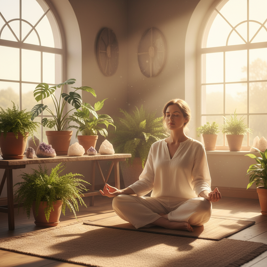 Woman meditating peacefully in sunlit room with crystals and plants