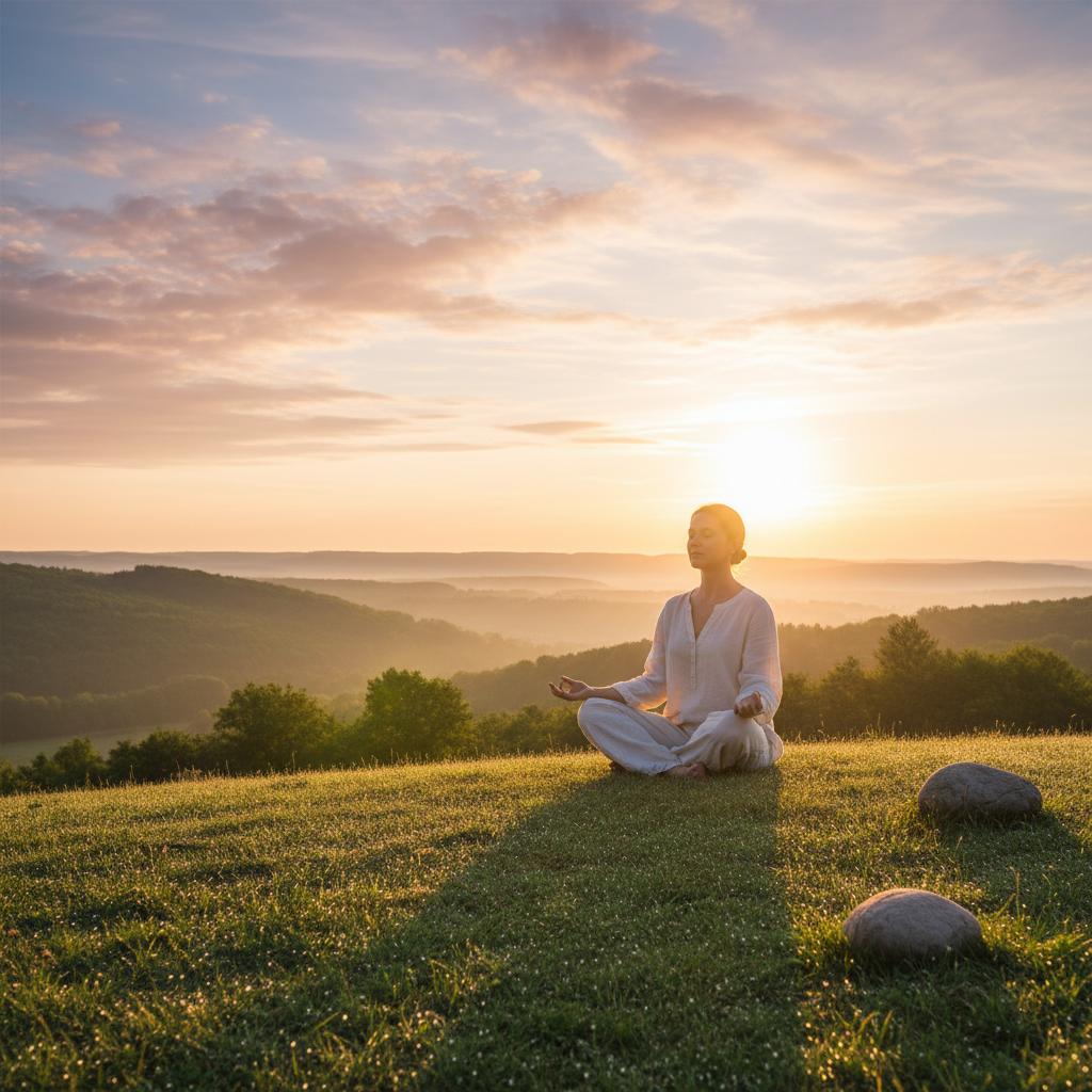 Person meditating at sunrise representing new beginnings and spiritual abundance