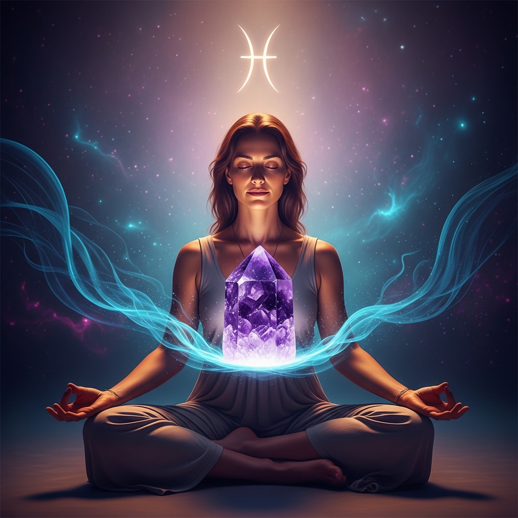 Woman meditating with amethyst crystal during Mercury retrograde in Pisces