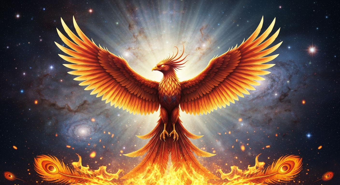 A magnificent phoenix rising from golden embers and flames, wings spread wide with brilliant red, orange and gold feathers, symbolising spiritual rebirth and transformation